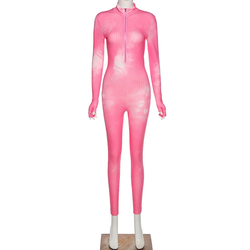 

Echoine Tie Dye Print Ribbed Zipper Jumpsuit Women Sportwear Fitness Long Bodysuit Skinny Jogger Autumn Rompers Sexy Overalls