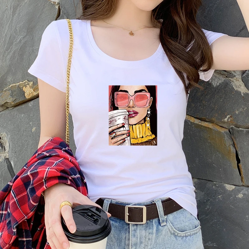 

2021 Summer Pure Cotton Ladies T-Shirt Youth Series Printed V-Neck Top