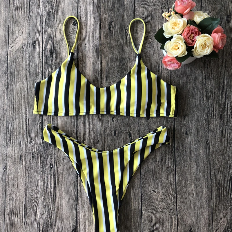 Striped Thong Bikini Push Up Padded Tube Top Sexy Swim Wear Woman Swimsuit Set High Waist Beachwear | Женская одежда