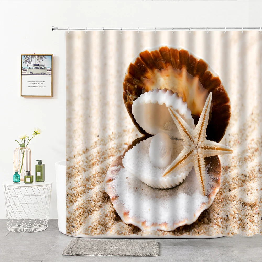 

3D Sand And Shell Starfish Shower Curtains Fabric Decor Curtain For Bathroom Living Room Bedroom Background Cloth Bath Supplies