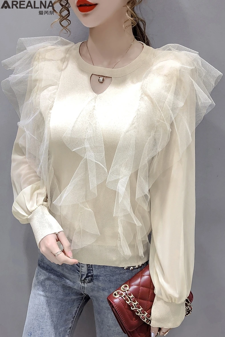 Женский свитер с рукавами-фонариками элегантный вязаный пуловер сетчатыми