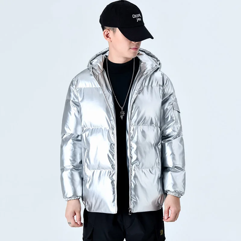 2020 Winter Cotton-padded Jacket Men Bright Hooded Down Coat Men Warm Jacket Fashion Solid Coats Male Drop Shipping