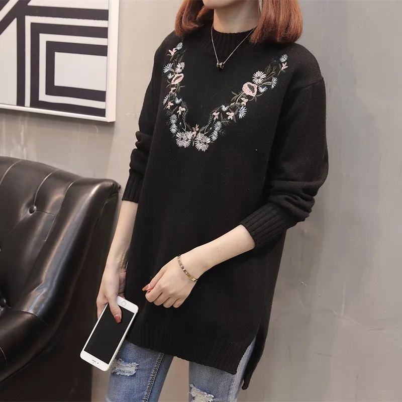 

Embroidery Half Turtleneck Pullovers Sweater Women 2021 Autumn Winter Women Jumper Long Knitted Bottoming Sweaters Femme Tops