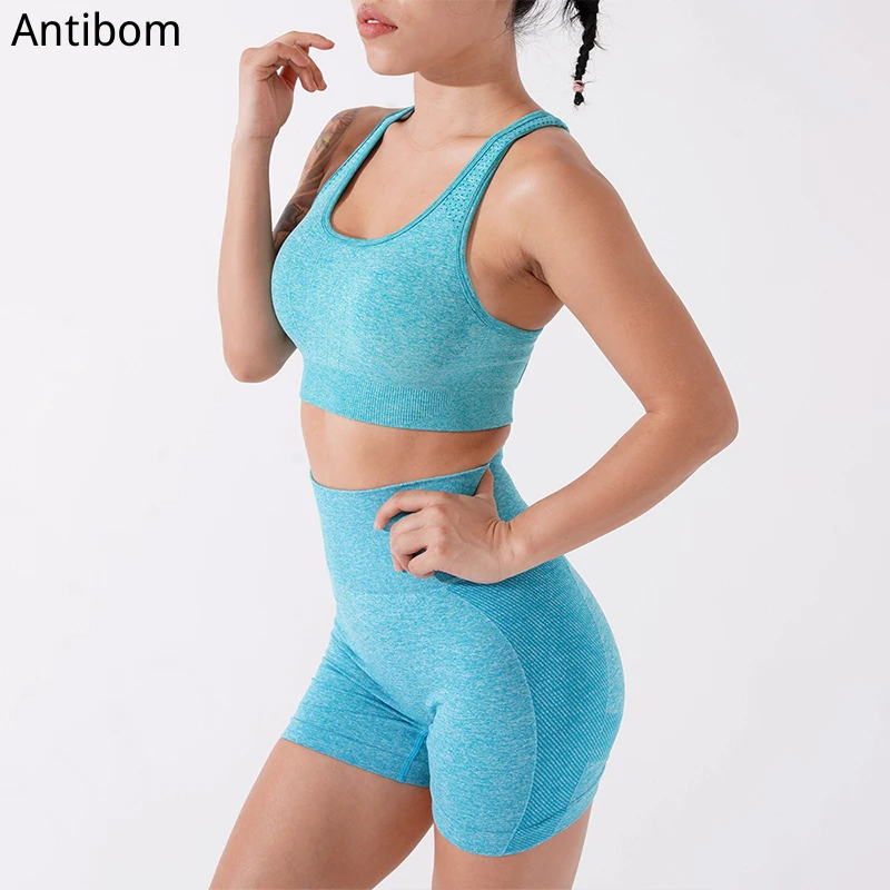 

Antibom yoga tracksuit women fitness 2pcs set high waist sports shorts workout gym bra seamless suit female running top with pad
