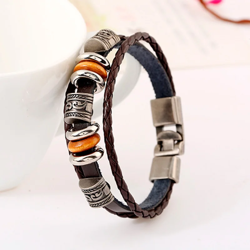 Mens Leather Bracelet Bangles For Men Cowhide Braided Alloy Beads Multi Layer Wrap Charm Cuff Bracelets man pulseras para hombre