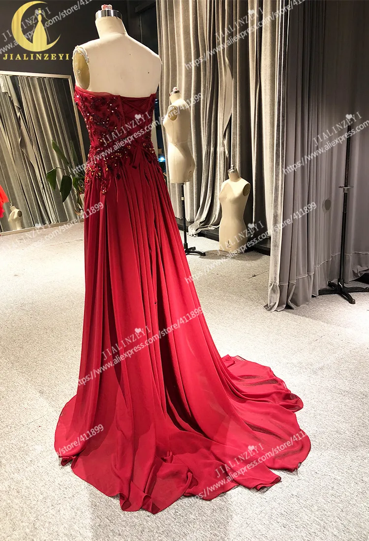 Rhine real Pictures Straplesss Wine Red beaded Crystal Chiffon Formal dresses Fashion dress Evening dresses