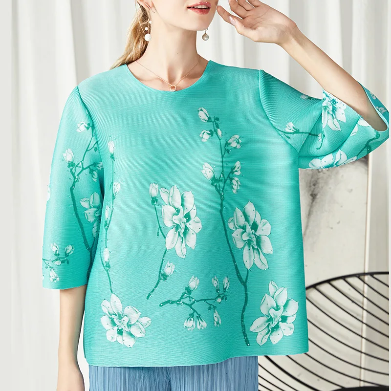 Floral Print Women's Summer Loose 3 / 4 Sleeve Pleated Diamond T-shirt