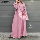 Платье-рубашка VONDA 2021, женские повседневные плиссированные однотонные платья с длинным рукавом, свободные богемные праздничные Блузы с отложным воротником S-