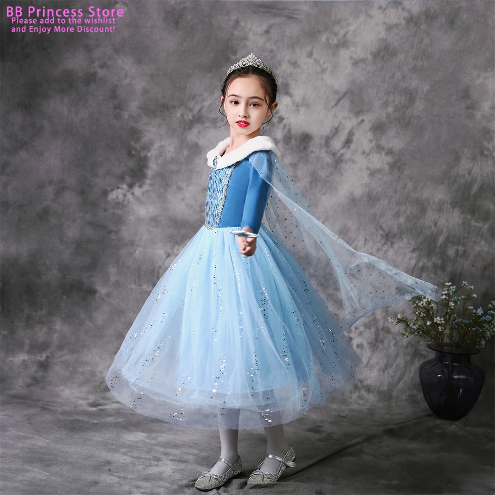 Осенне-зимнее детское платье ледяной королевы принцессы Эльзы юбка анны голубой