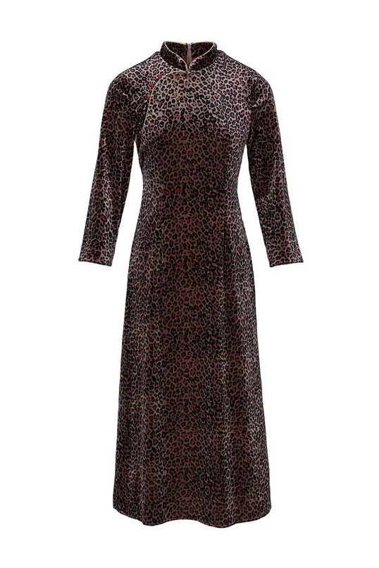 

Top Quality Brand Chinese Qipao Dress 2020 Autumn Winter Sexy Wild Leopard Print Color Block Patchwork Mid-Calf Dress 50s 60s