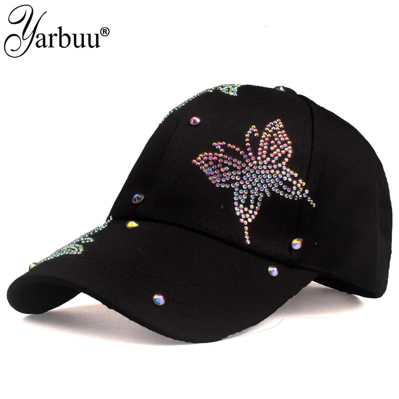 

[YARBUU] New Fashion High Quality Butterfly Diamond Baseball Cap Women Bones Snapback Hat Hip Hop Cap Casquette Gorras