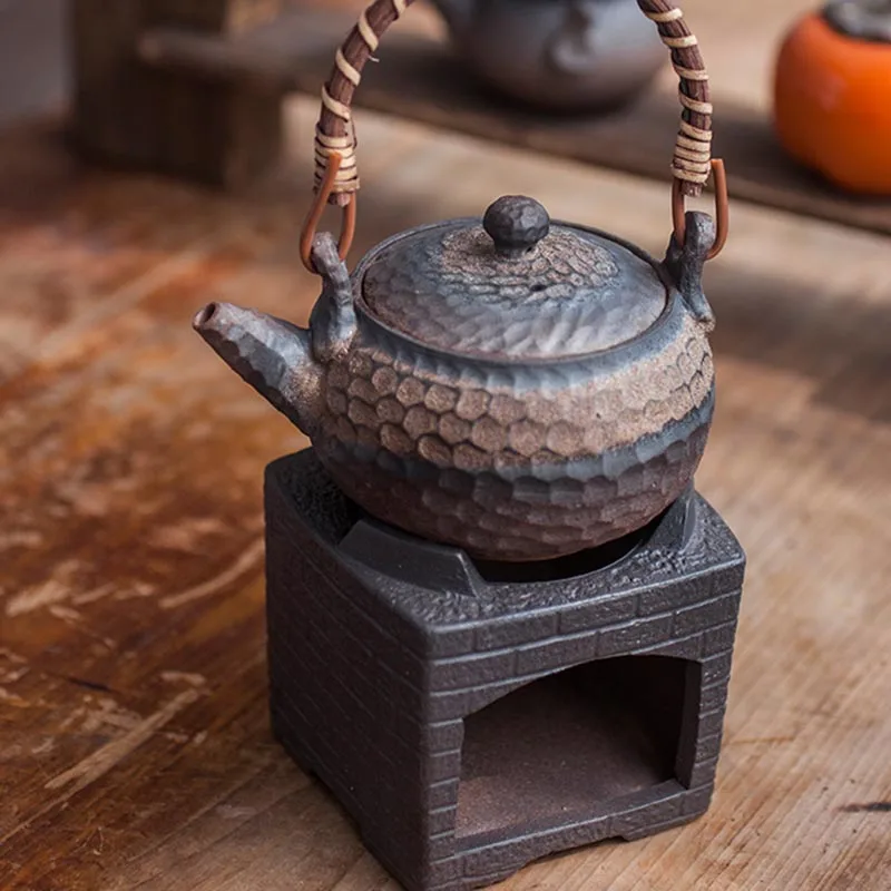 

200/250ml Japanese Style Ceramic Kung Fu Tea Set Handmade Retro Coarse Pottery Rust Glaze Teapot Kettle Candle Heater Tea Warmer