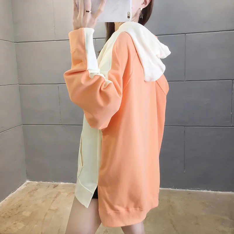 

#2556 Korean Casual Harajuku Front Pockets Hoodies Sweatshirt Female Spliced Color Loose Thin Cotton Hoodies For Women Pullovers