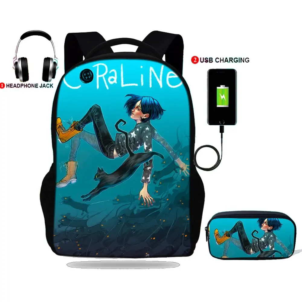 Тренд 2020 USB зарядка женские рюкзаки школьные сумки с принтом Coraline школьный рюкзак