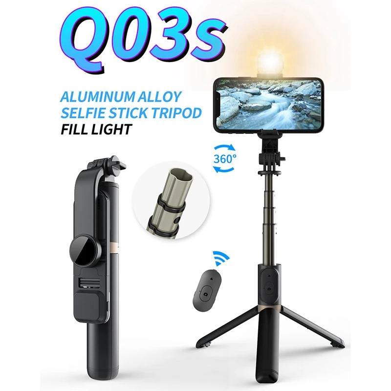 

Q03S Bluetooth 4,0 с штатив заполнить светильник 360 ° вращающийся горизонтальный выстрел Алюминий сплав шест Штатив для селфи с Bluetooth