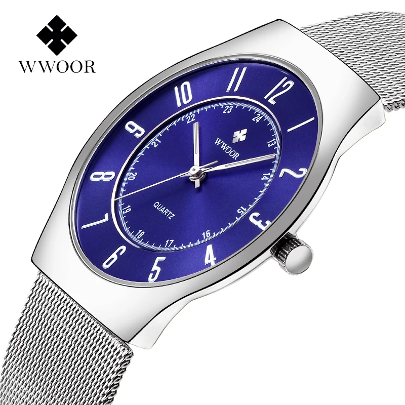 WWOOR Classic Men Watches Top Brand Luxury Blue Sport Quartz Watch Men Ultra-Thin Steel Mesh Waterproof Wrist Watch Reloj Hombre