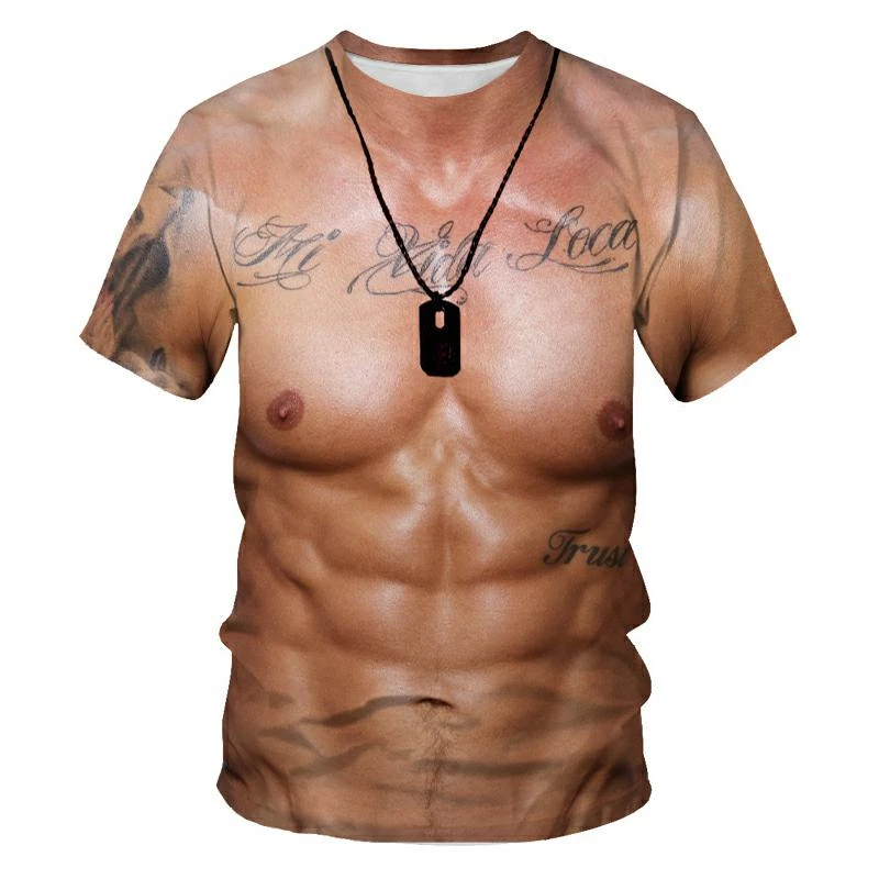 

New Stylish Men's 3D Funny Printed Chest Hair Muscle Short Sleeve Summer T-Shirt Alternative Fake Two Harajuku Tops