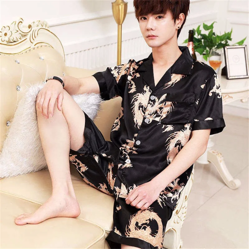 (Top + pants) Men's ice silk short-sleeved pajamas suit casual printing loose and comfortable large size thin lapel home service