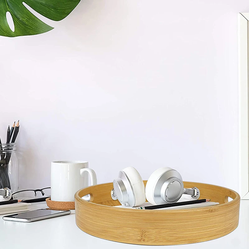 

Natural Round Serving Tray Set Wooden Bamboo Circle Tray with Handles for Coffee Table, Food, Restaurant Home Party