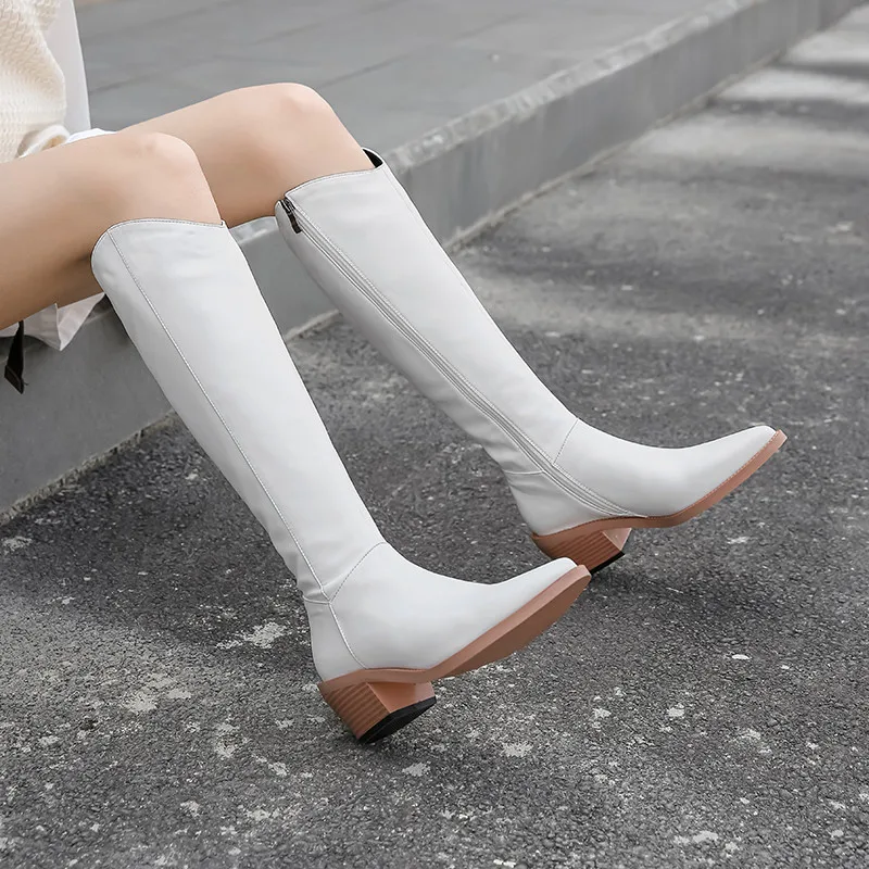 

MORAZORA 2021 New Brand fashion knee high boots genuine leather winter women boots square heels pointed toe solid ladies shoes