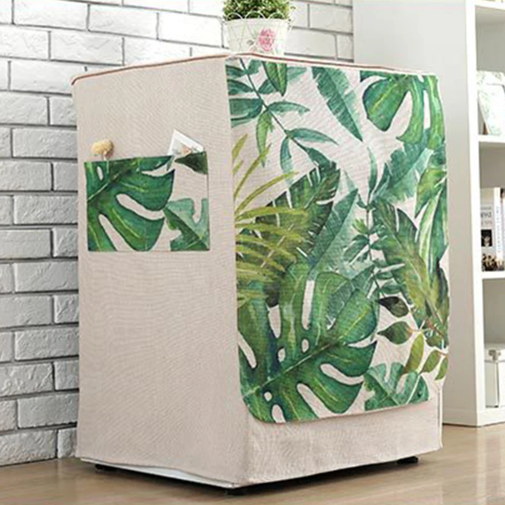 

Linen Washing Machine Cover Forest Leaves Printing Dust Cover Cloth Waterproof Protective Sleeve for Pulsator Washing Machine
