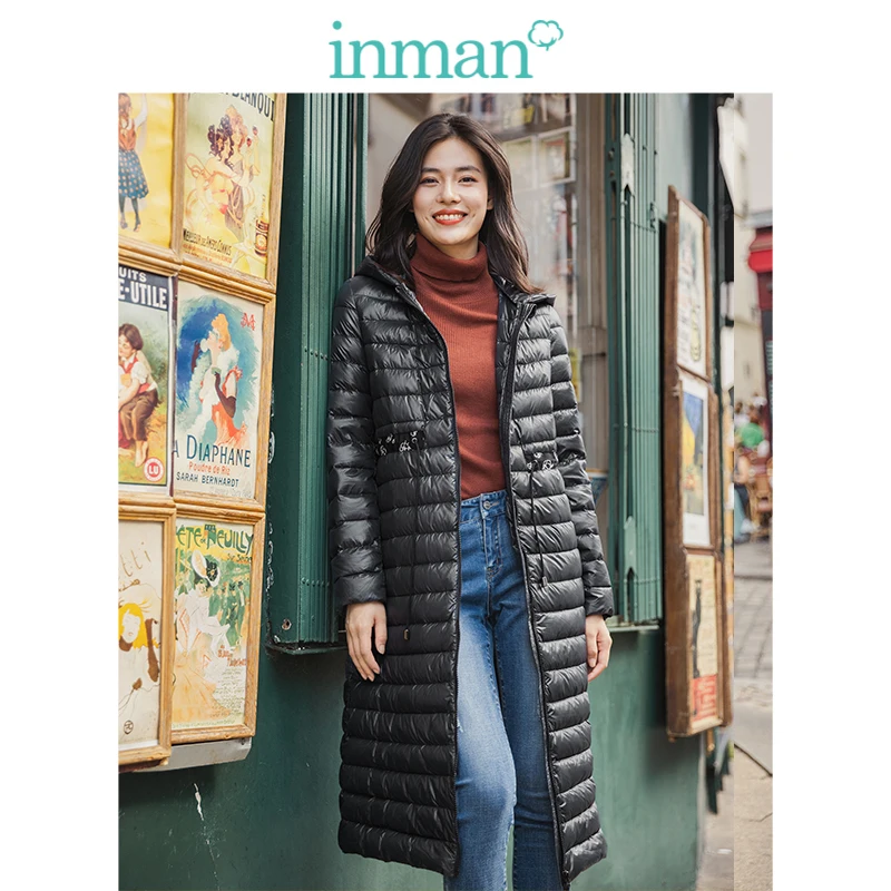 INMAN зимний женский длинный пуховик с капюшоном и определённой талией черного