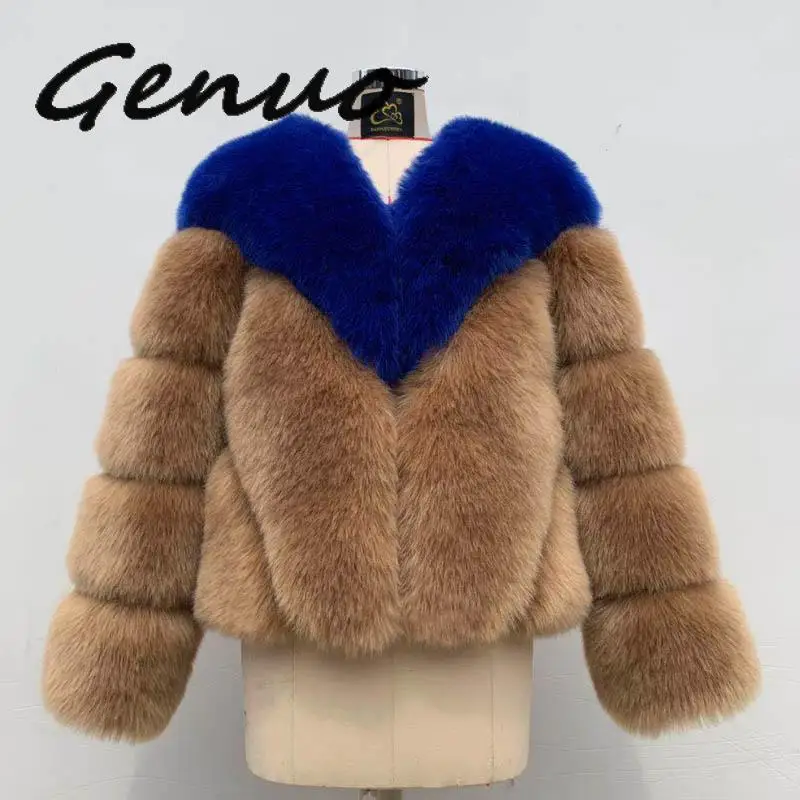 Luxury Contrast Color Fur Coat Women Winter Faux Fox Fur Jackets Coats Street Fashion Fluffy Overcoat Thick Warm Fake Fur Jacket