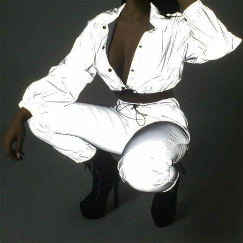 

Fashion Women Set Reflective Long Sleeve Tops Coat+ Long Pants 2Pcs Ladies Sport Wear Running Ladies Tracksuit Casual Woman Suit