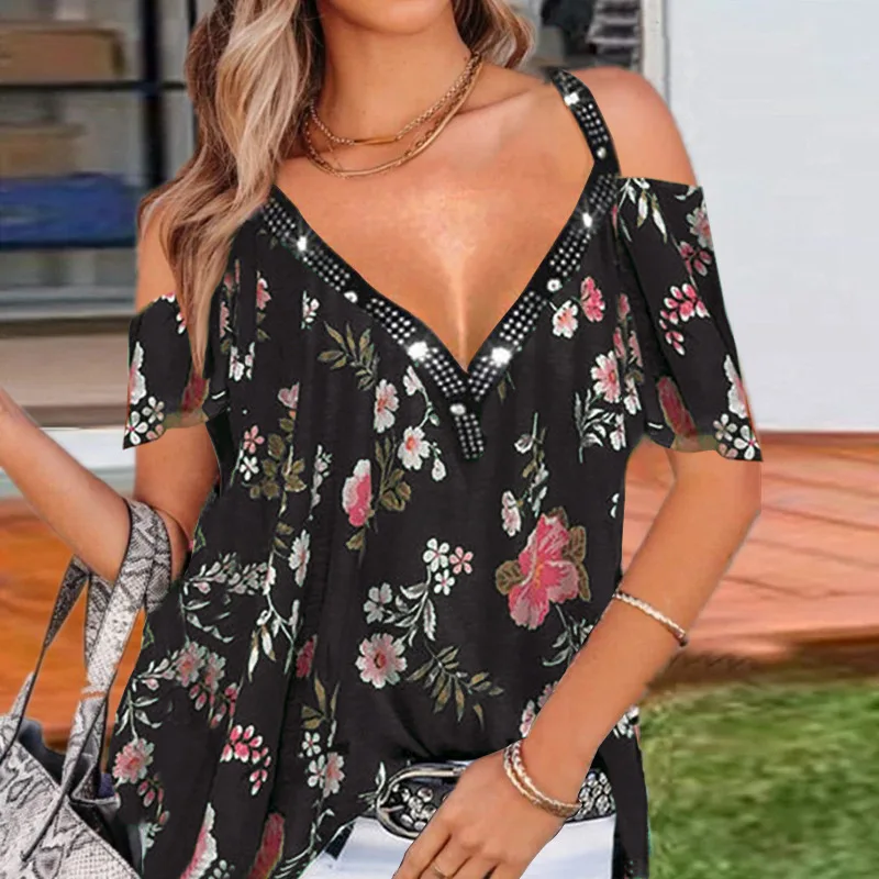 

2021 Summer Women's Loose Strapless V-neck Short-sleeved T-shirt printed Tops Fashion Plus Size Sexy Shirt