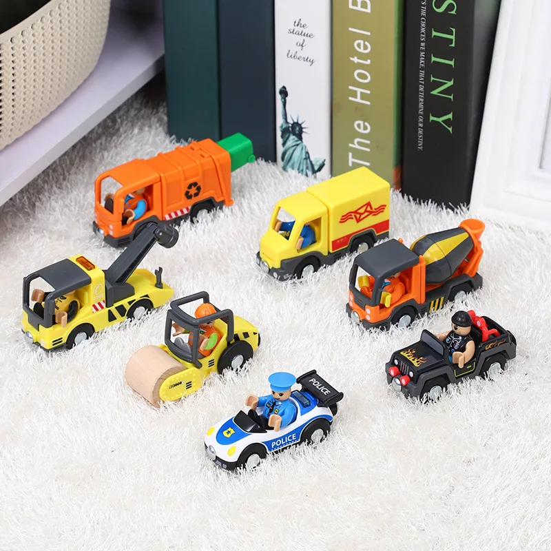 

Plastic inertia police car engineering car trailer with villain City cleaning car compatible with brand and brio train track toy
