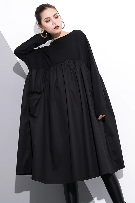 

SuperAen Plus Size Solid Full 2021 Spring and Autumn Patchwork High-waisted Doll Loose Dress for Women