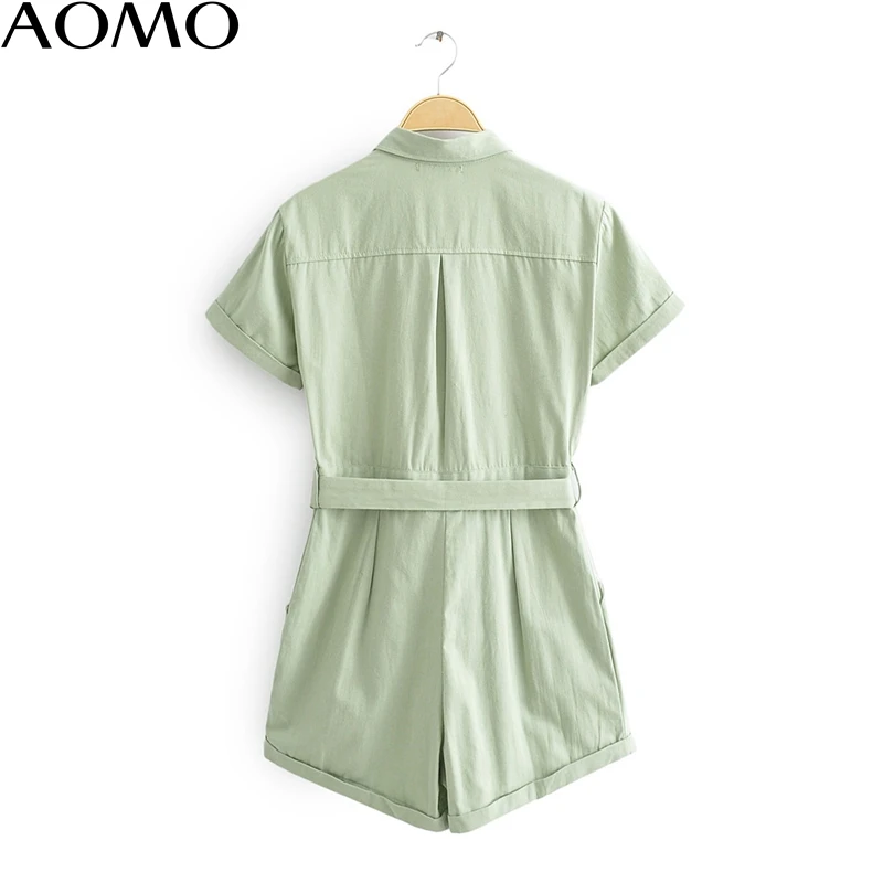 

AOMO fahsion women vintage green cotton playsuits short sleeve rompers ladies 2020 summer casual chic jumpsuits JA05A