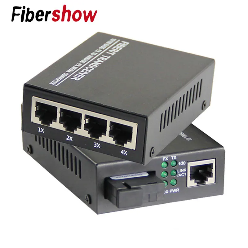 Волоконно оптический медиаконвертер Fast Ethernet одномодовый 20 км 4 RJ45 и 1 SC