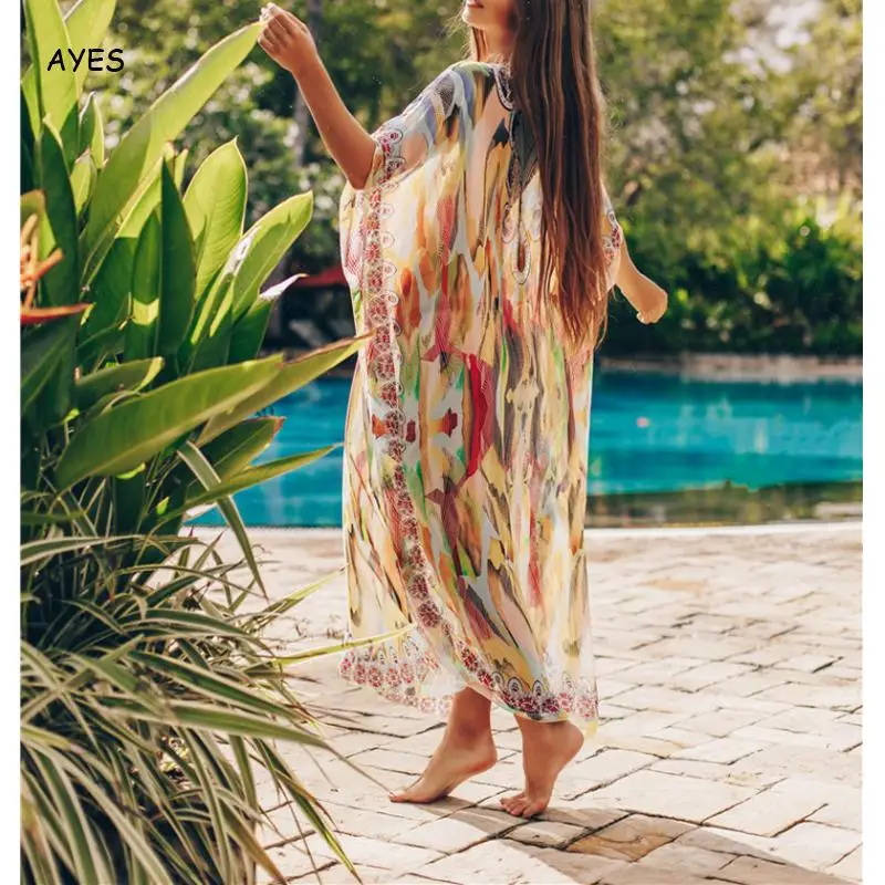 

2020 New Bathing Suit Cover Ups Women Sexy Chiffon Cardigan Boho Print Blouse Dress Swimwear Bikini Cover Up Covers Kaftan Beach