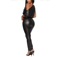 autumn new pu faux leather jumpsuit with straps and one shoulder sexy fashion tight leather jumpsuit with hips slim jumpsuits