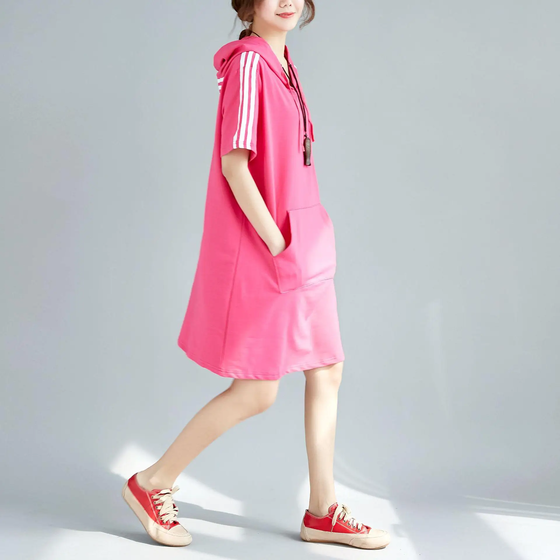 5XL Plus Size Female Dress Loose Woman Hooded Elegant Oversize Pocket Casual Summer Solid Lady Large | Женская одежда