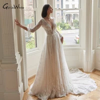 elegant long sleeve a line wedding dresses 2022 bride dress lace appliques deep v neck bridal gown court train vestidos de novia