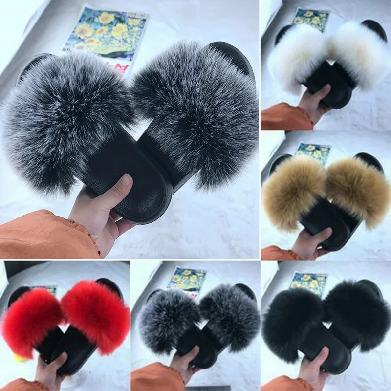 

2020 Home Shoes Women Fur Slippers Shoes Furry Fluffy Slippers Summer Outdoor Flops Slides For Shoes Femmes Sandales