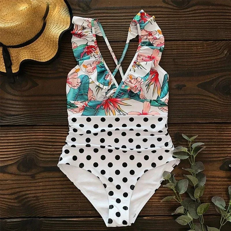 Пикантная обувь в стиле ретро с цветочным принтом Цельный купальник для женщин