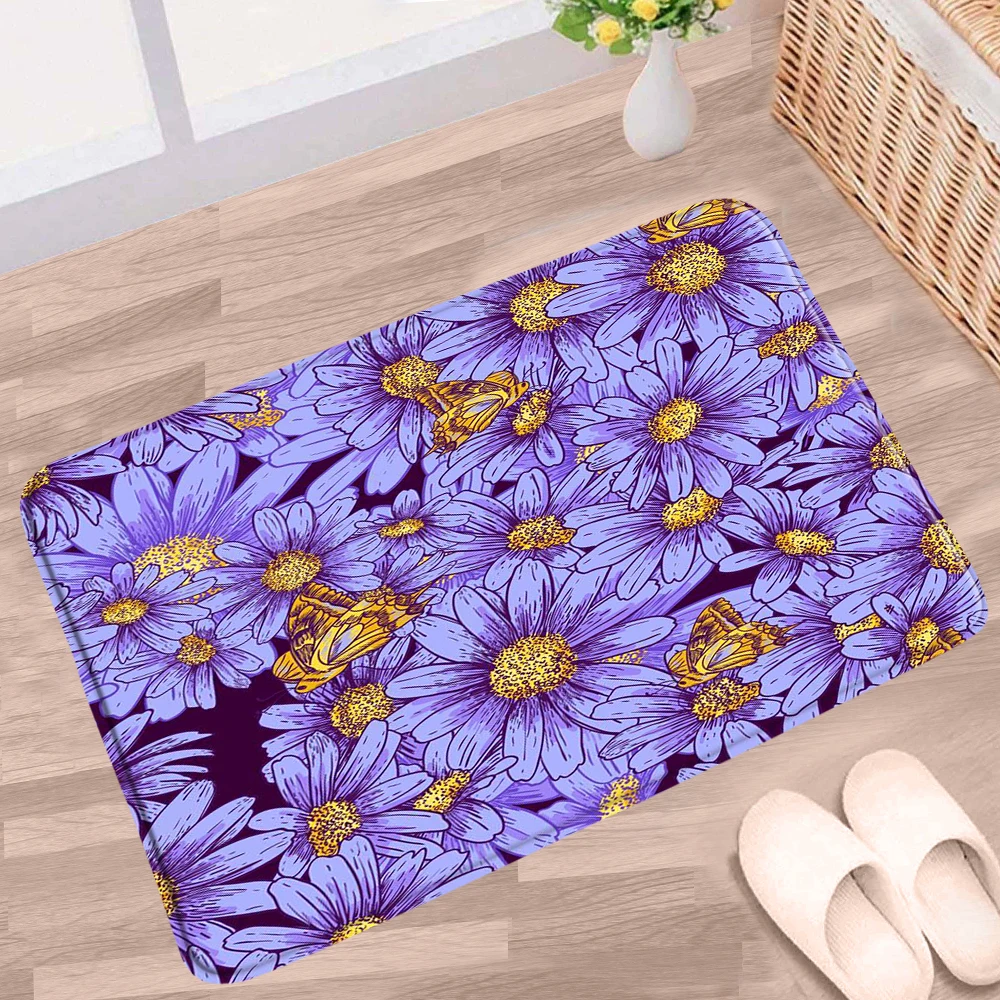 Pink Floral Bathroom Mats White Daisy Rose Flowers Natural Plant Leaf Scenery Non-slip Rugs Flannel Home Kitchen Carpet |