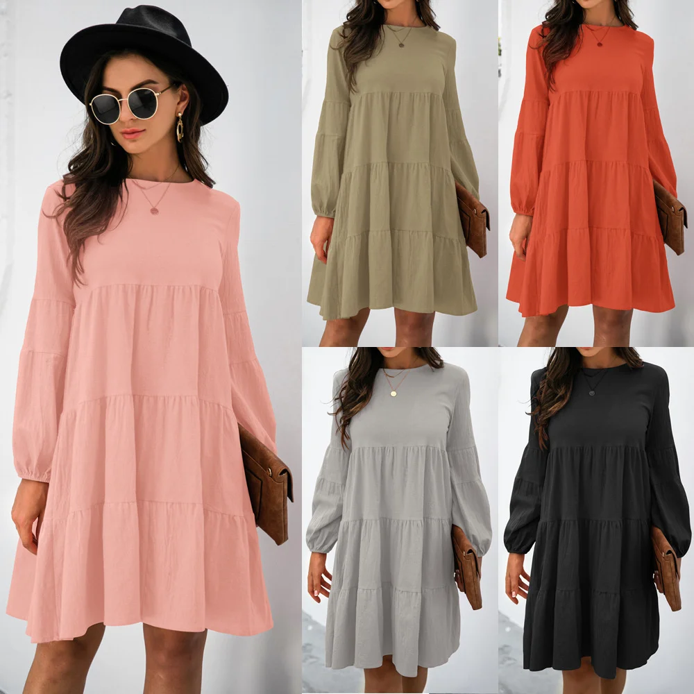 

2021women's Cotton Hemp Round Neck Lantern Sleeve Loose Splicing Swing Autumn and Winter Dress