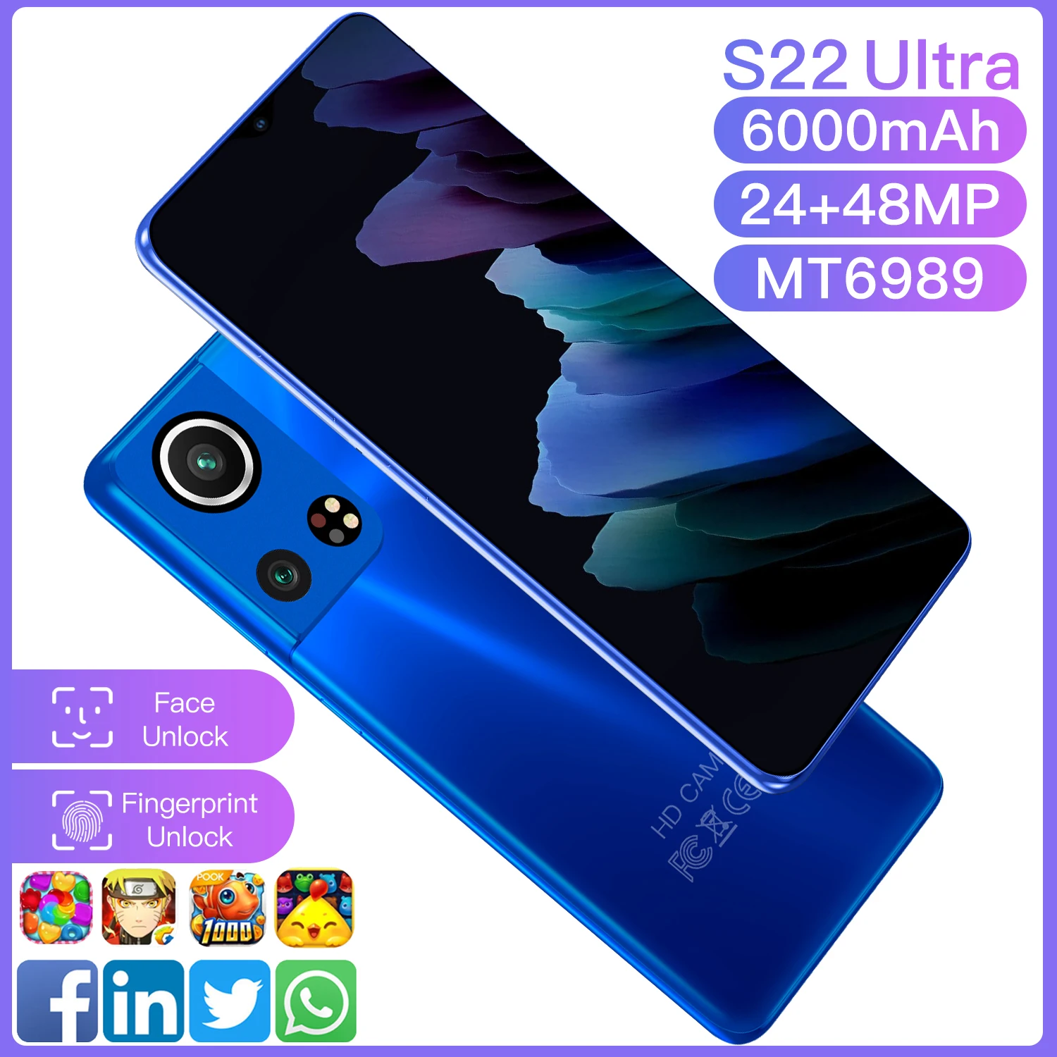 

4G 5G Network 2021 New Arrival 16+512GB S22 Ultra Face ID Dual SIM 6000mAh Battery 6.7Inch-HD Screen 10Core MTK6989 24+48MP