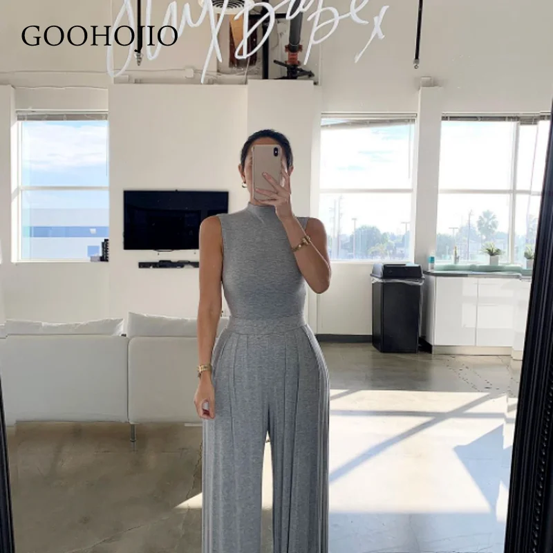 

GOOHOJIO 2021 Spring Autumn New Streetwear Casual Rompers Womens Jumpsuit for Ladies Sleeveless High Waist Chic Women Jumpsuits
