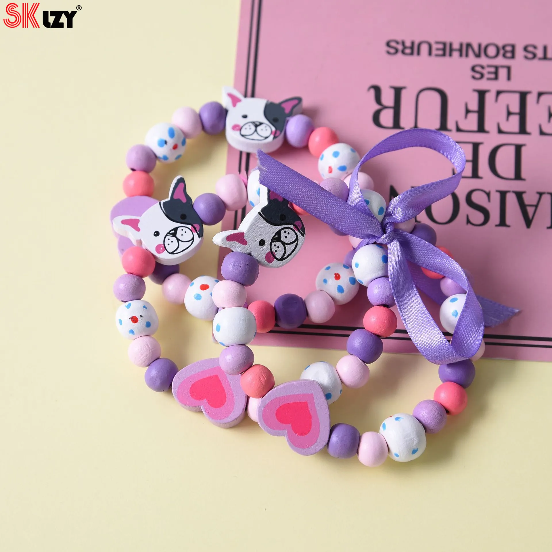 Красочные цветы милые Мультяшные животные деревянные бусины детский браслет