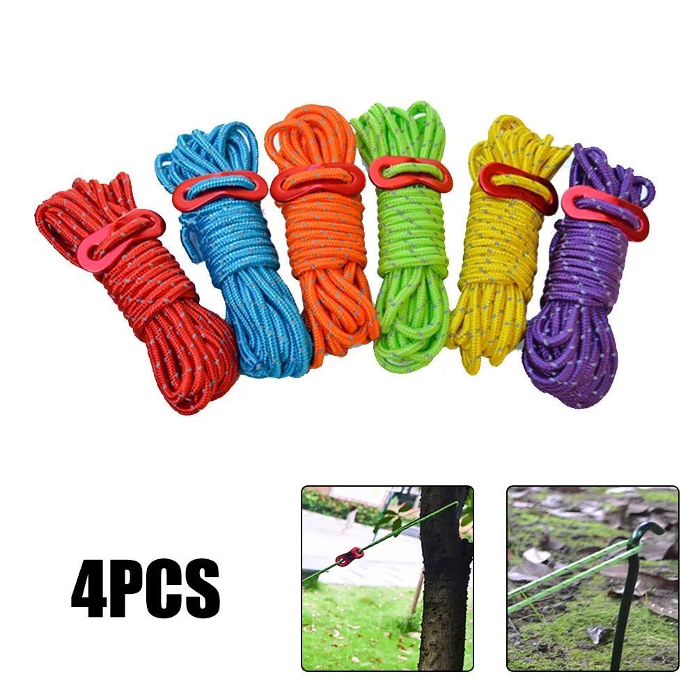 

4Pcs 4m Guy Rope Reflective Cord Lines With Runners Tent Camping Guide Outdoor Tent Guy Line Adjusters Awning Carabiner 2021 New