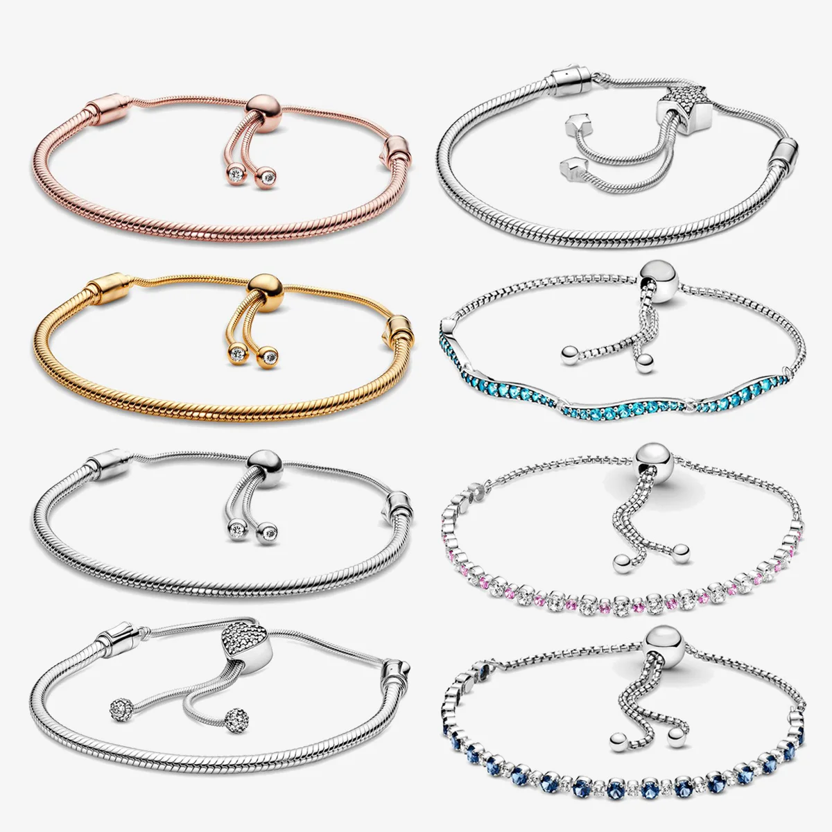 

Charms 925 Sterling Sterling Silve Moments Pave Heart Clasp Snake Chain Blue and Clear Snake Chain Sparkle Slider Bracelet