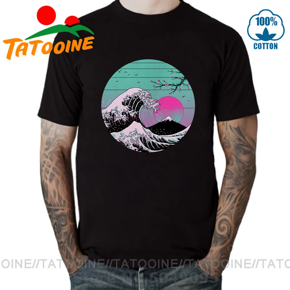 Мужская Винтажная Футболка с принтом ТАТУИН Hokusai Wave и Vaporwave футболка надписью The