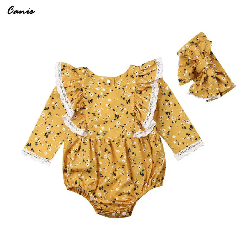 

Free shipping 2pcs Newborn Baby Girls Floral Cotton Romper Bodysuit Jumpsuit Headband Outfits