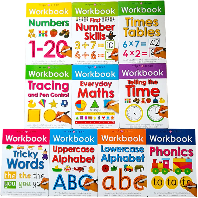 

Children Wipe Clean Workbook with Pens/Reusable English Book Writing skills Phonics Number Words Maths Times Tables Preschool