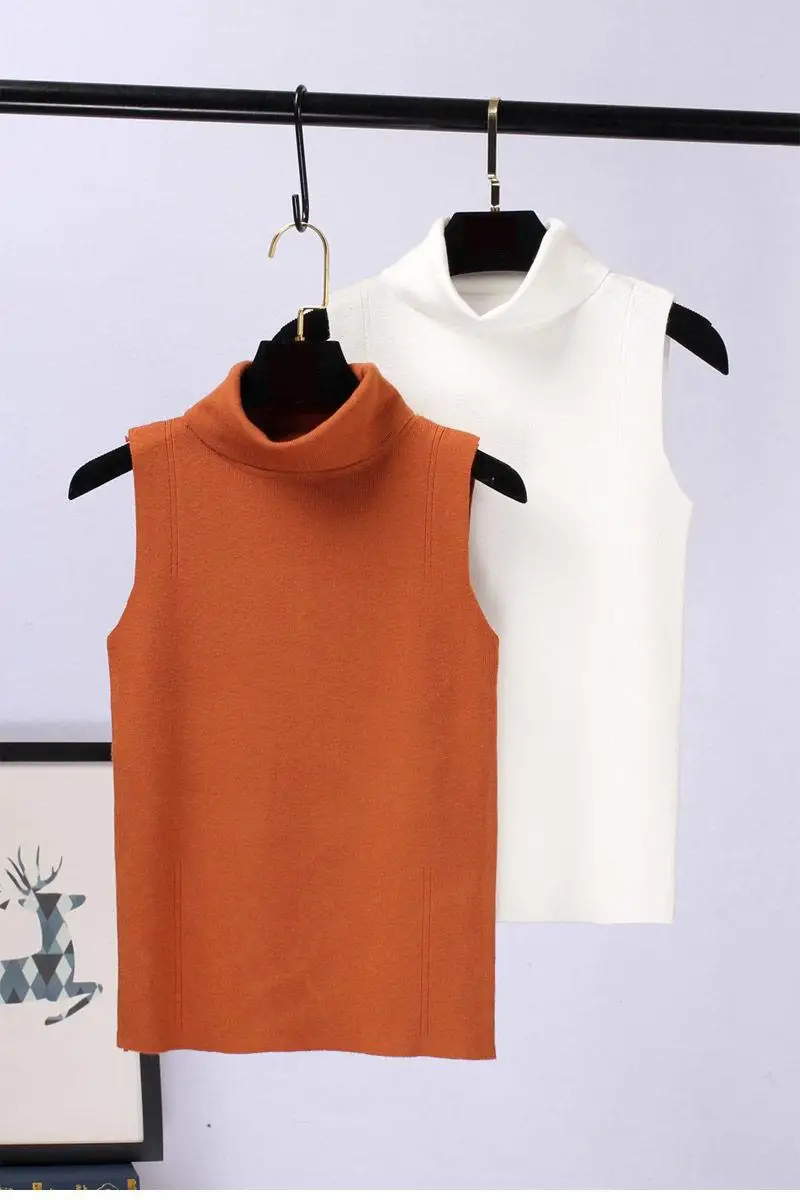 

Women's Elegant Stretch Turtleneck Sleeveless Knitted Top Summer Autumn Soldi Color Pullover Sweater Lady Chic Basic Jumper Vest